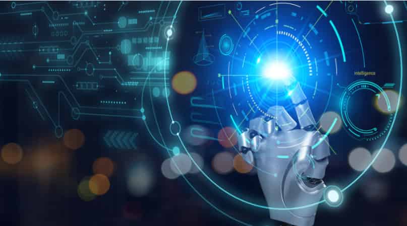 Concept image for Industry 4.0 and smart manufacturing, featuring a robot arm, data flow, and machine learning intelligence.