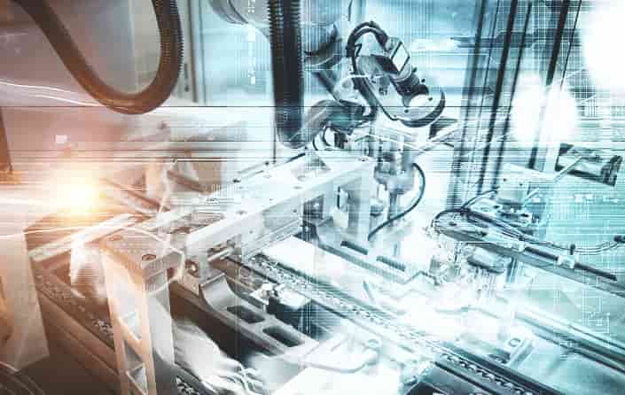 Concept of Industry 4.0, showing a blurred production line, automated machinery, and integrated digital data streams for manufacturing.