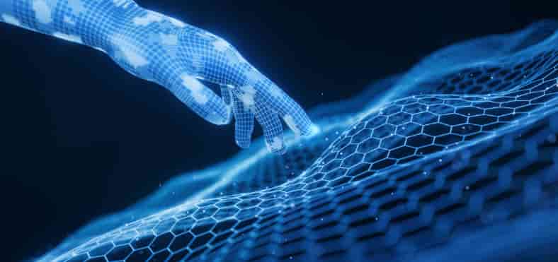 Abstract 3D render of a futuristic wireframe hand making contact with a dynamic data surface, symbolizing advanced technology and human-machine interface.