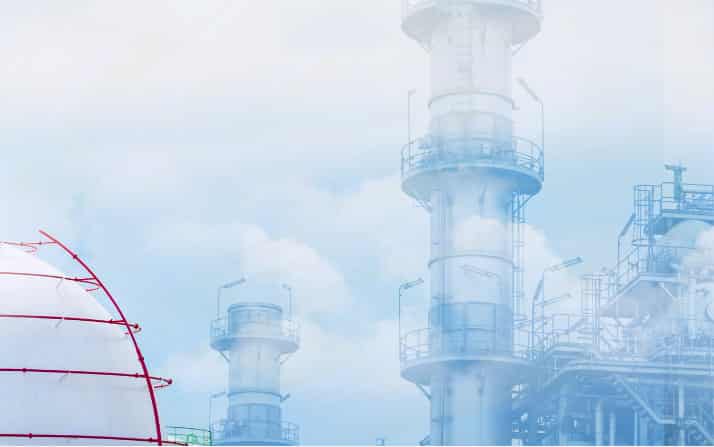 Industrial petrochemical plant background with towers and storage tanks for process control systems.