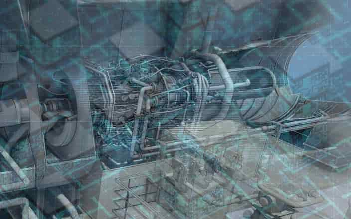Complex industrial engine or turbine machinery overlaid with a digital network pattern, symbolizing mechanical and digital integration.
