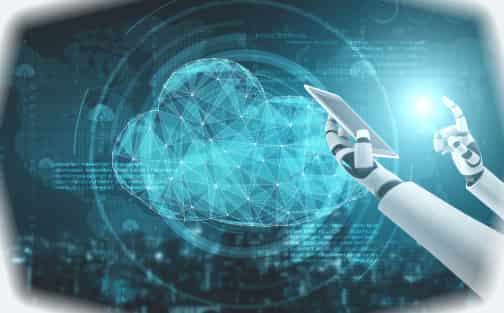 Robotic arm operating a device in front of a wireframe cloud graphic, illustrating the use of AI and robotics in managing cloud-based data and IoT systems.