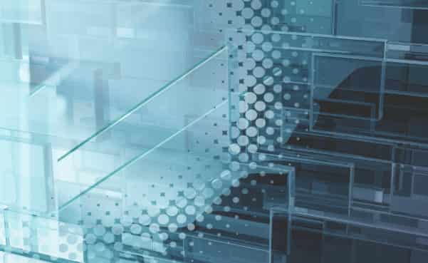 Geometric abstract design with transparent blue rectangles and diagonal lines, incorporating a digital halftone effect for a modern, high-tech background texture.