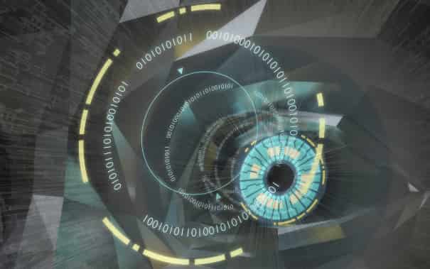 Abstract representation of a technological eye, featuring binary data rings and geometric patterns, suggesting machine learning, computer vision, and the concept of digital insight.