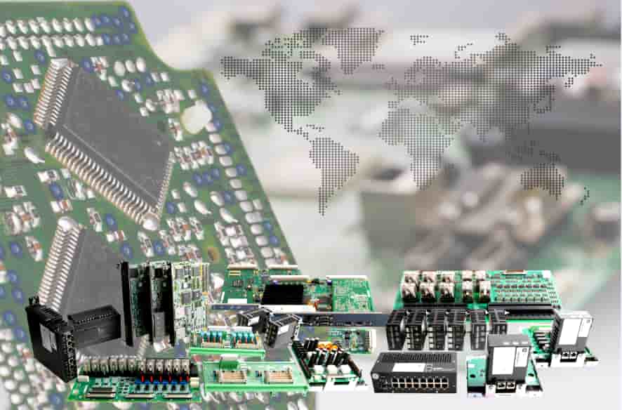 Electronic components and circuit boards with a dotted world map background, symbolizing global tech supply.