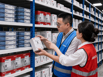 Amikon warehouse staff checking automation spare-part identification