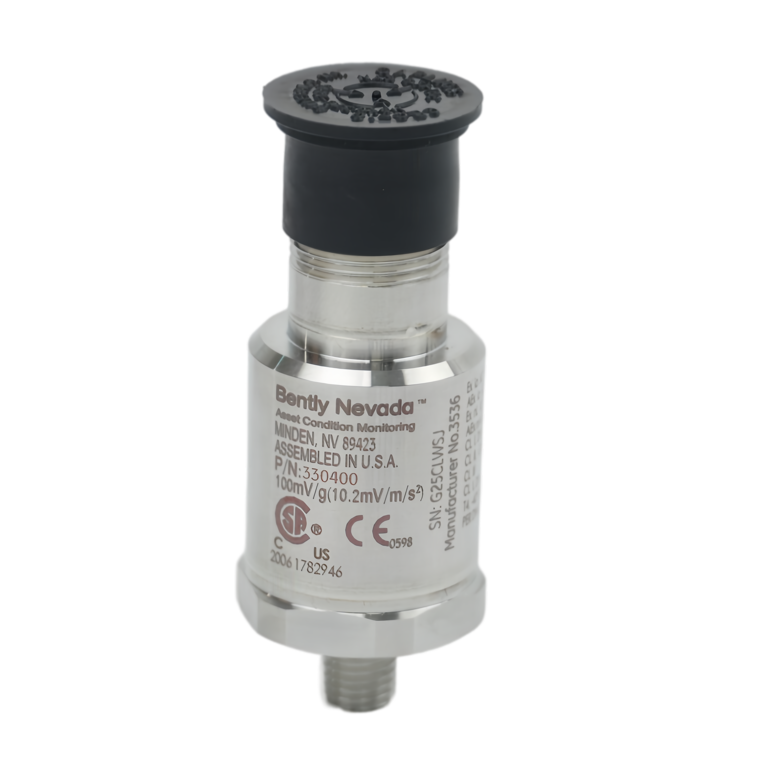 User-supplied product photograph showing a Bently Nevada 330400 accelerometer